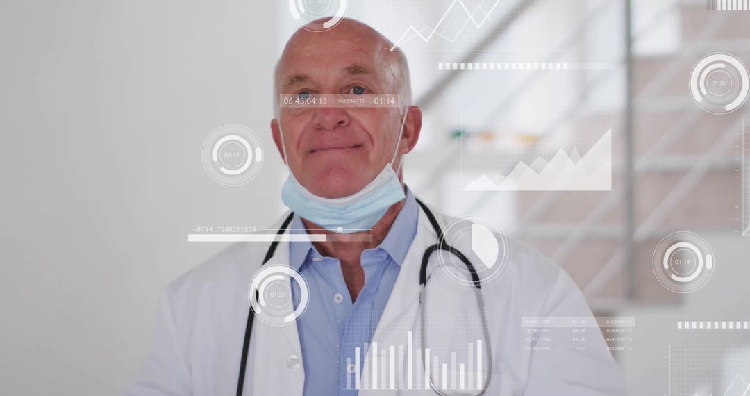 Smiling Doctor with Futuristic Data Interface at Hospital