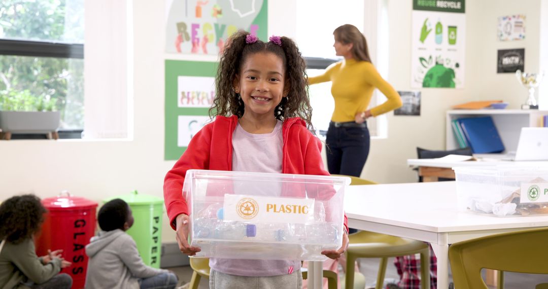 Girl Promoting Recycling in a Bright Modern Classroom