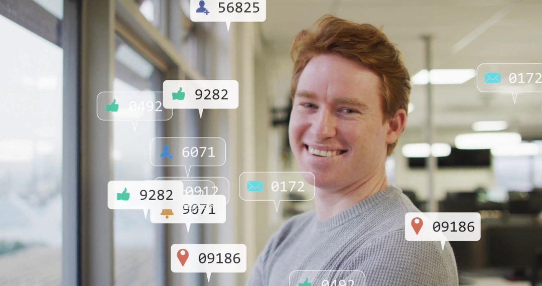 Smiling Man in Office with Social Media Notifications Overlay