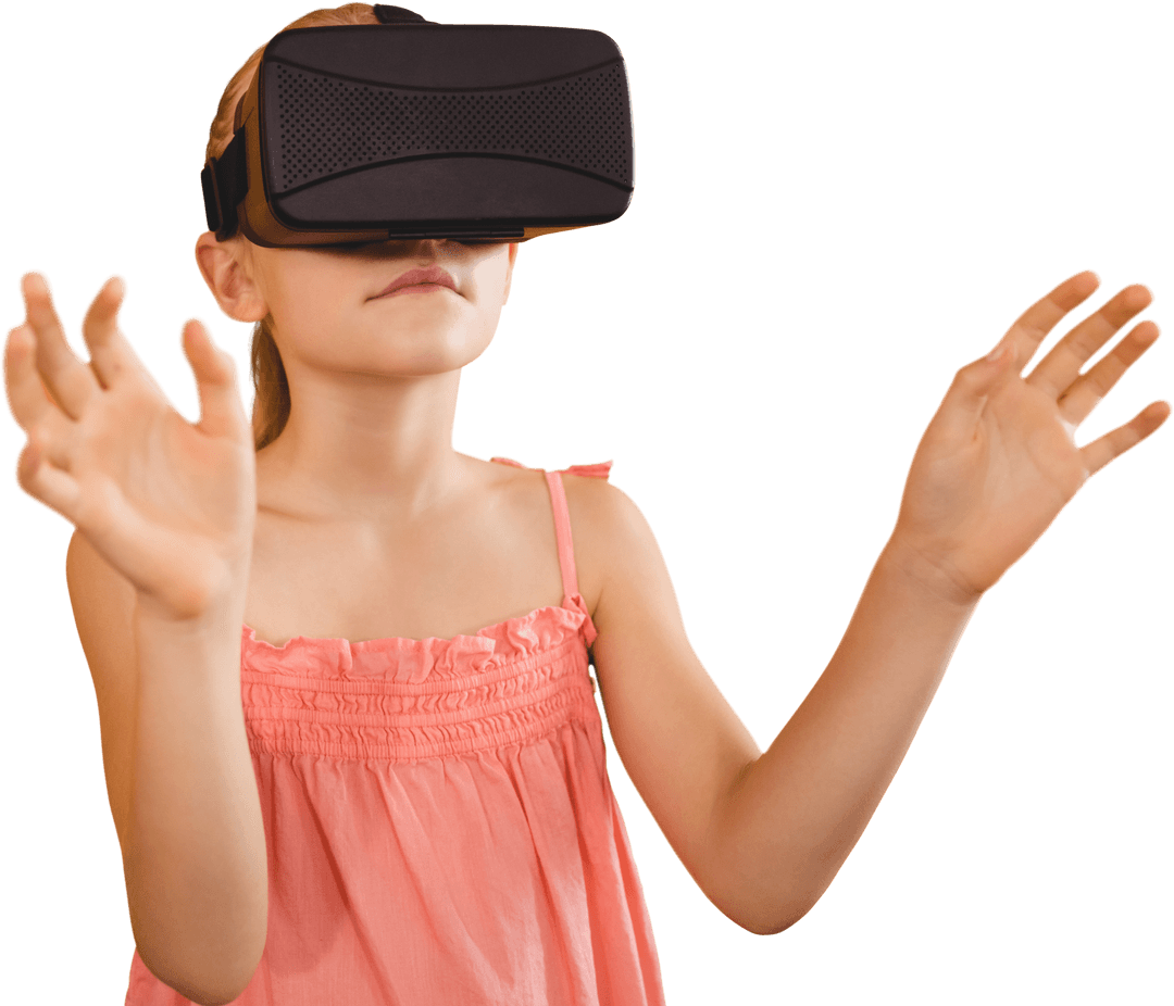Caucasian Girl Engaging with VR Technology on Transparent Background