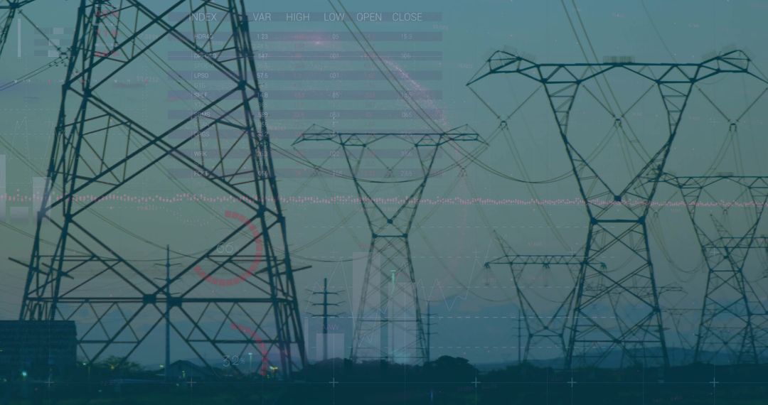 Steel Transmission Towers Against Twilight with Data Overlay