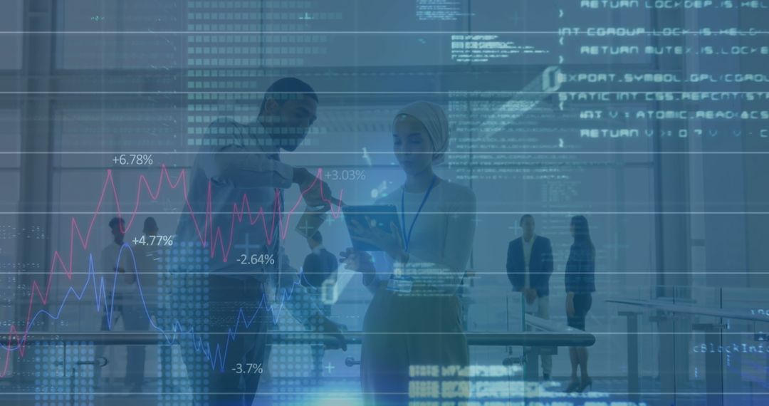 Diverse Team Analyzing Financial Data with Virtual Interface