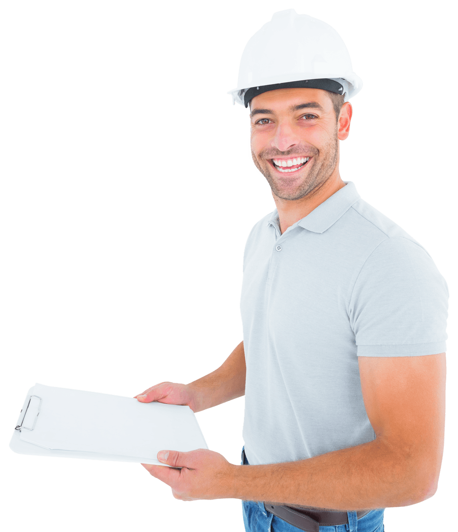 Transparent Smiling Construction Worker Holding Clipboard