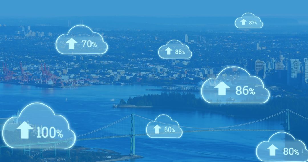 City Skyline with Digital Cloud Upload Icons Overlay