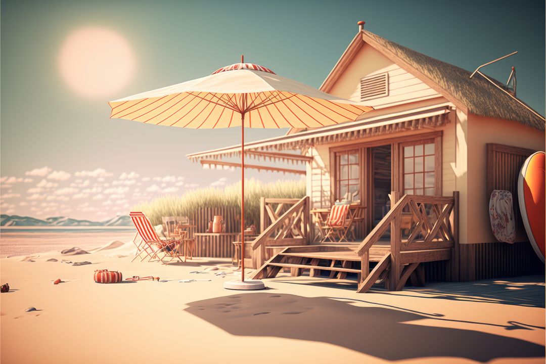 Cozy Beach House with Patio Umbrella on Sunny Day - Free Images, Stock Photos and Pictures on Pikwizard.com