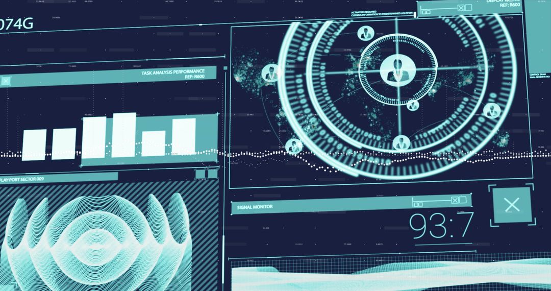 Futuristic Digital Interface Display with Complex Data Analytics