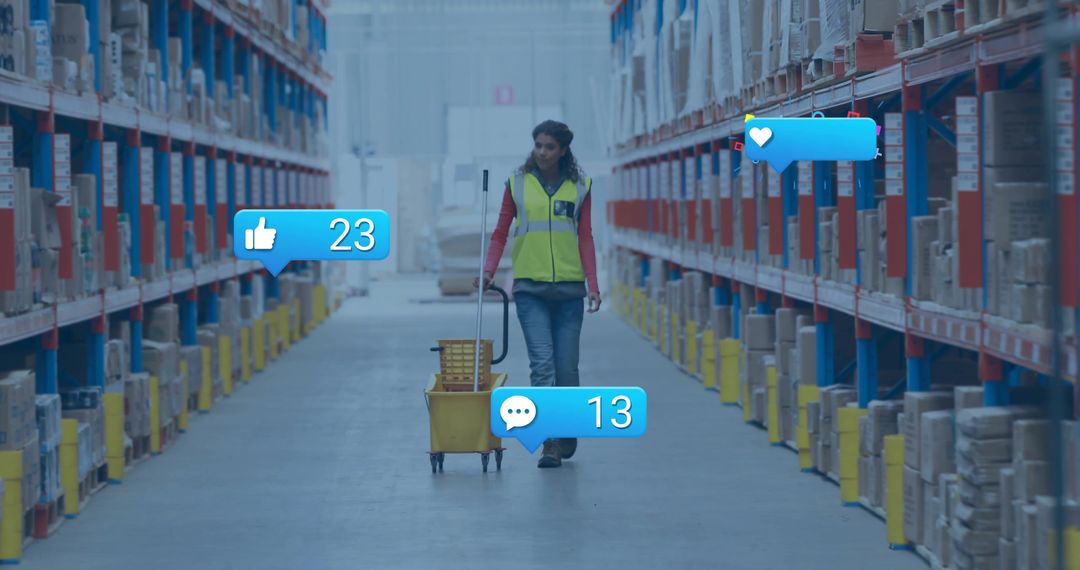 Warehouse worker pulling yellow cart down aisle with augmented reality social media icons