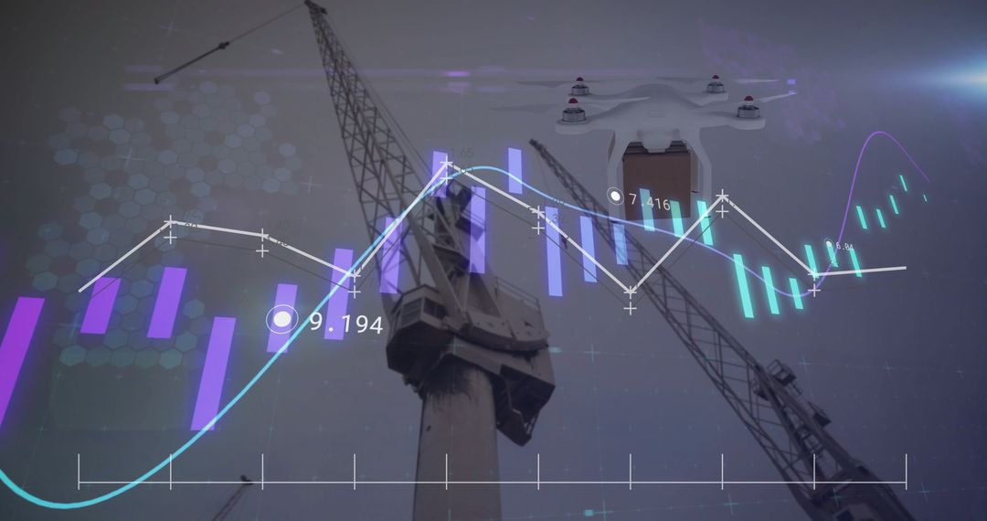Drone with Box Overlays Economic Data at Shipping Port