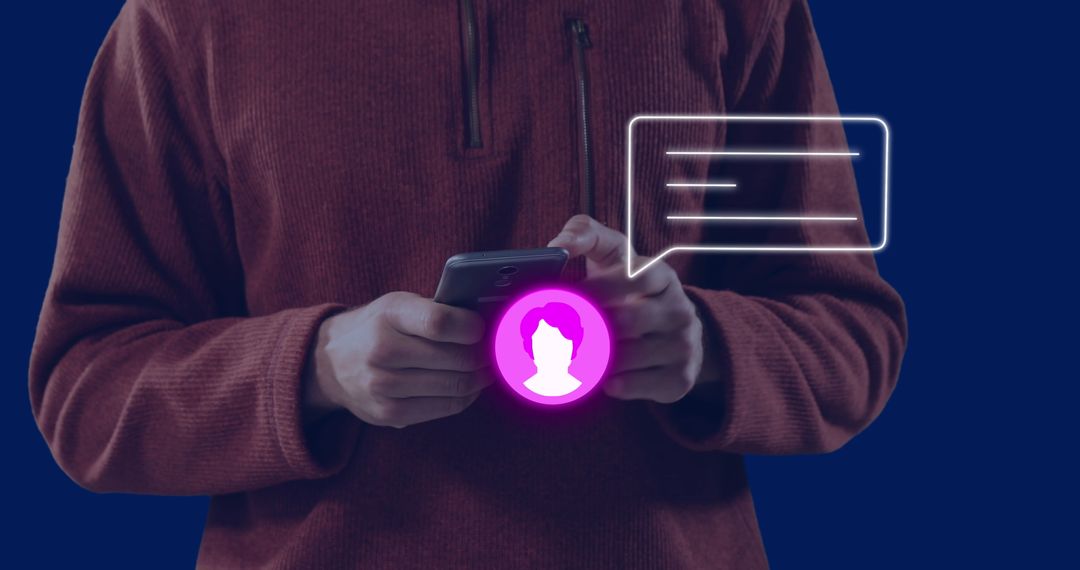 Person Using Smartphone with Neon Chat and Profile Icons