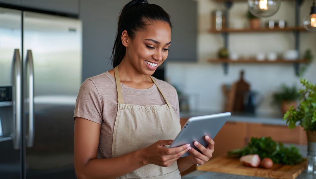Cook Reading Recipe on Tablet in Modern Kitchen with Vegetables