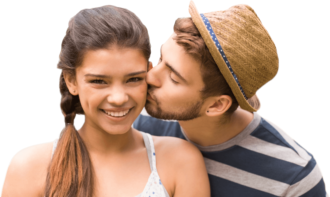 Romantic Couple Smiling with Affectionate Kiss Transparent Background