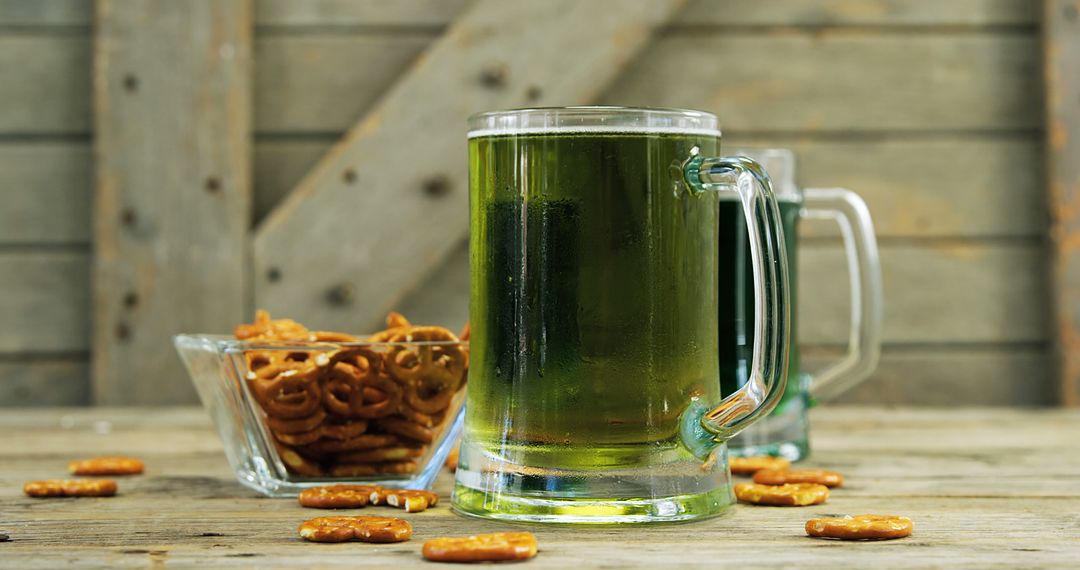 Green Beer with Pretzels on Rustic Wooden Table - Free Images, Stock Photos and Pictures on Pikwizard.com