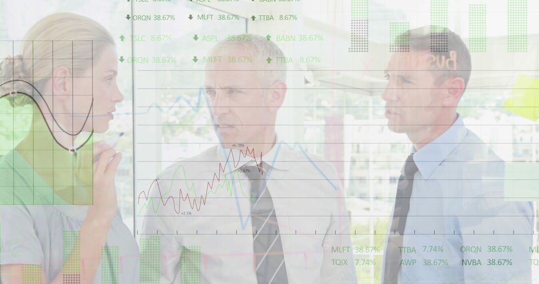 Colleagues Analyzing Stock Market Data on Transparent Screen