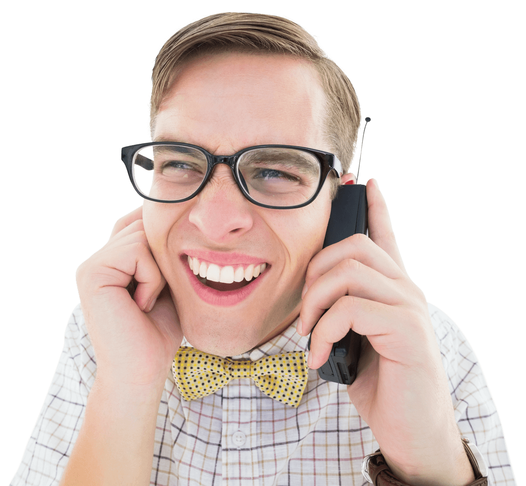 Geeky Hipster Holding Retro Cellphone on Transparent Background