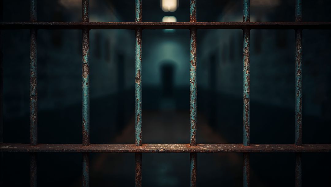 Rusty Metal Bars in Dimly Lit Prison Corridor Macro View