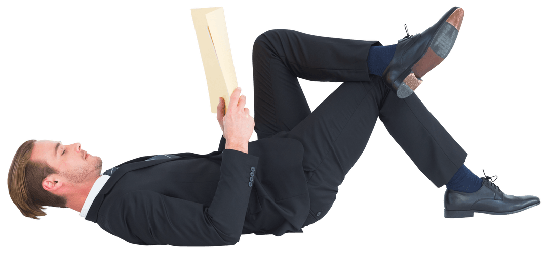 Transparent Relaxed Businessman Lying and Reading Book