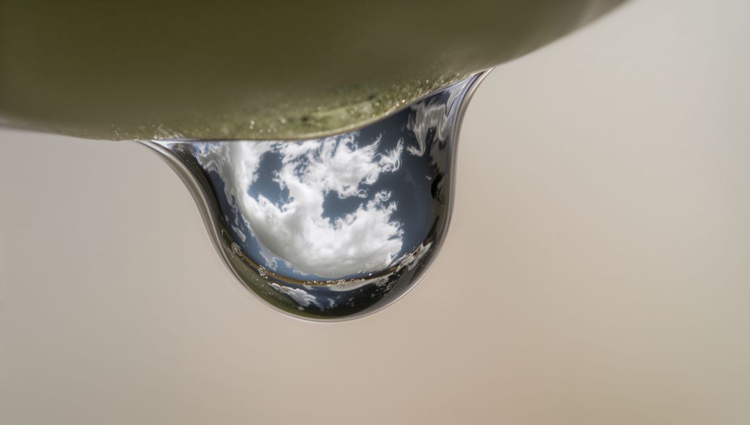 Sky Reflecting in Single Water Droplet on Leaf Showing Inverted Clouds and Shoreline