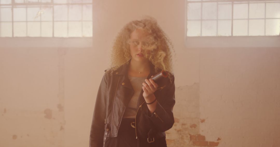 Woman in Leather Jacket Holding Smoking Device in Indoor Setting - Free Images, Stock Photos and Pictures on Pikwizard.com