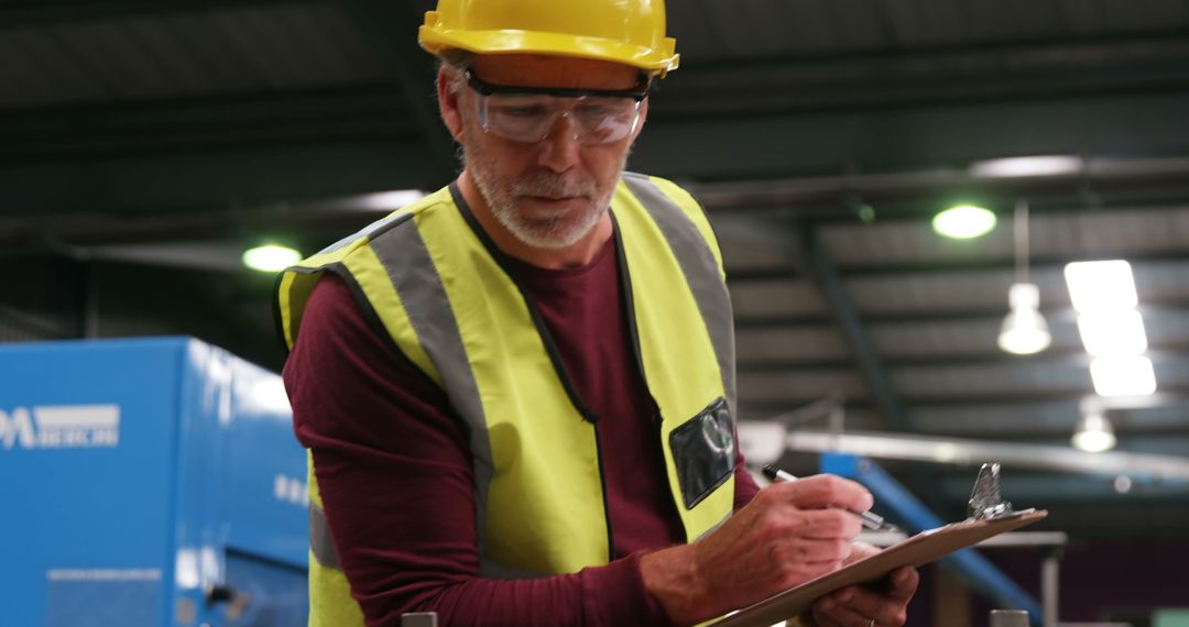 Senior Industrial Worker Wearing Safety Gear Using Clipboard in Factory - Free Images, Stock Photos and Pictures on Pikwizard.com