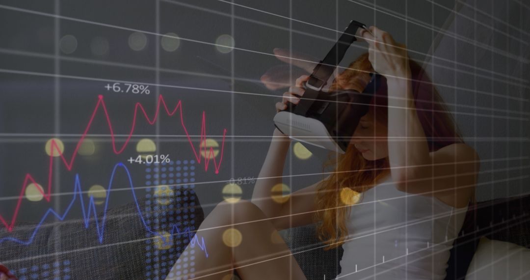 Woman Experiencing Virtual Reality with Financial Data Visuals