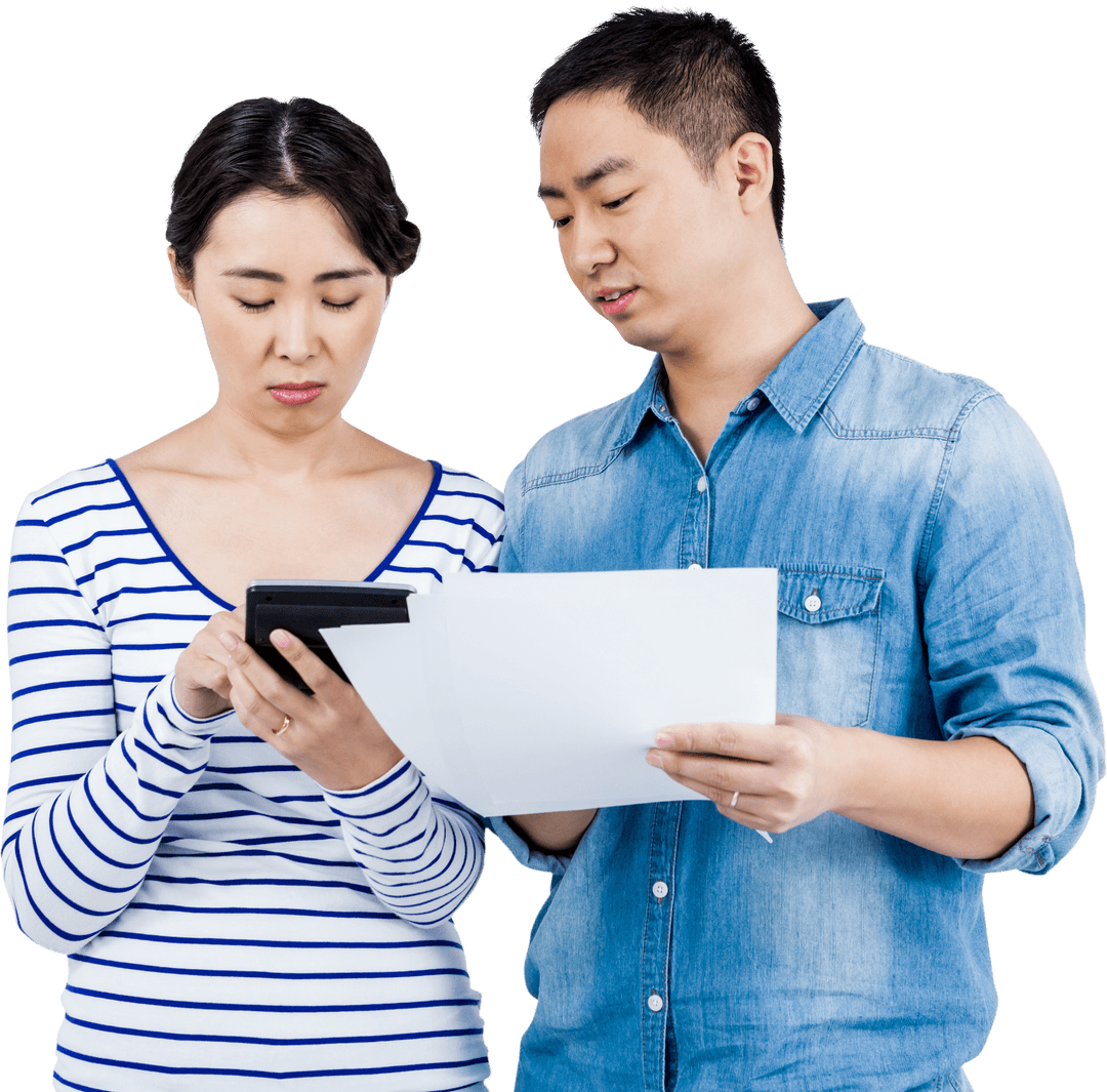 Transparent Image of Couple Reviewing Finances with Tablet and Papers
