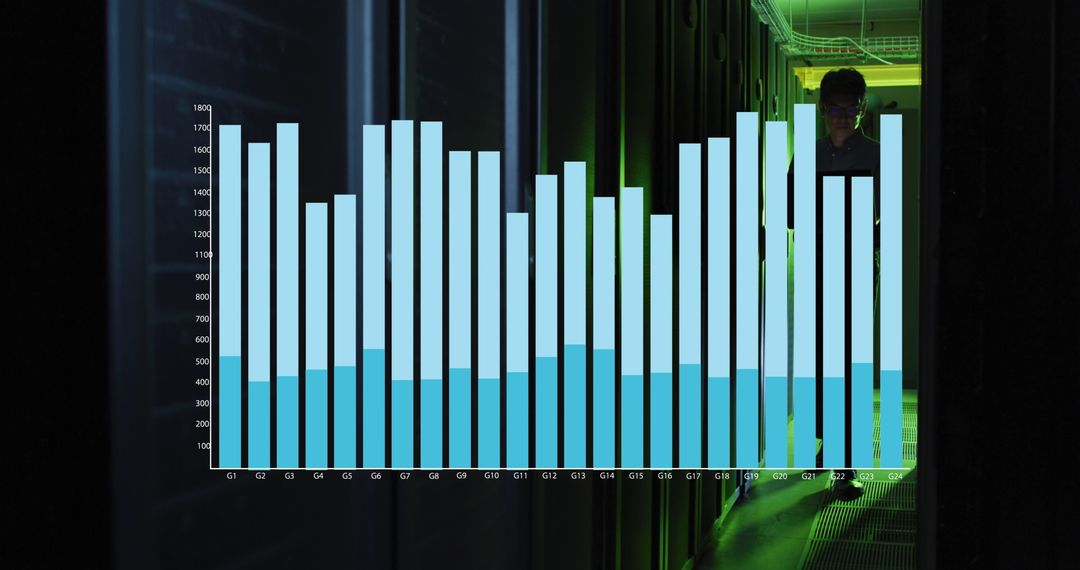 Man Walking Server Room with Data Chart Grid Overlay