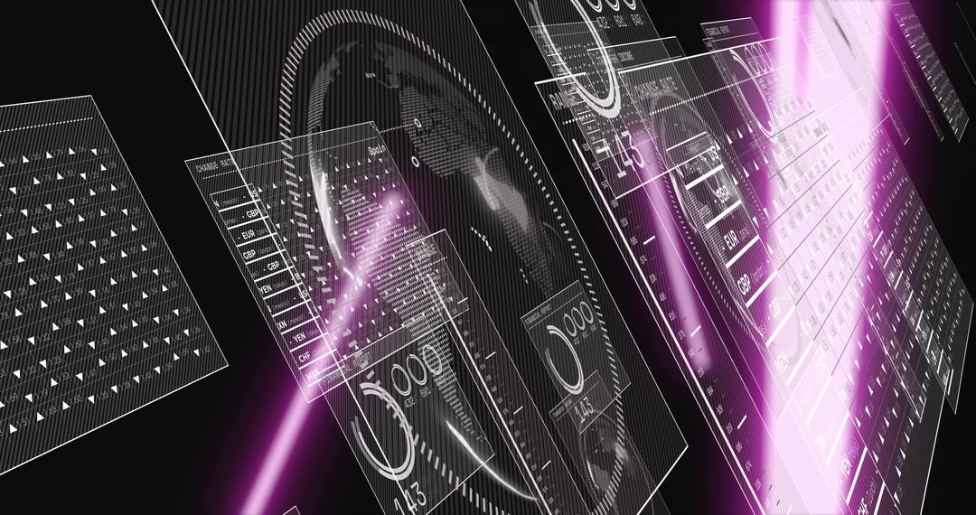 Futuristic HUD Interface with Floating Translucent Panels, Neon Magenta Data Visualization