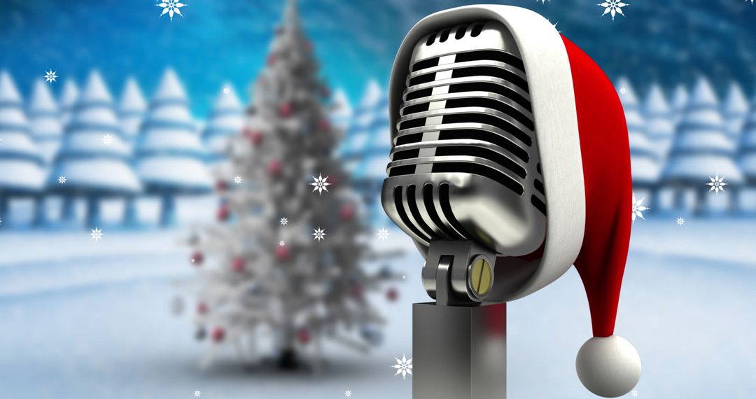 Retro Microphone with Santa Hat in Festive Snowy Landscape