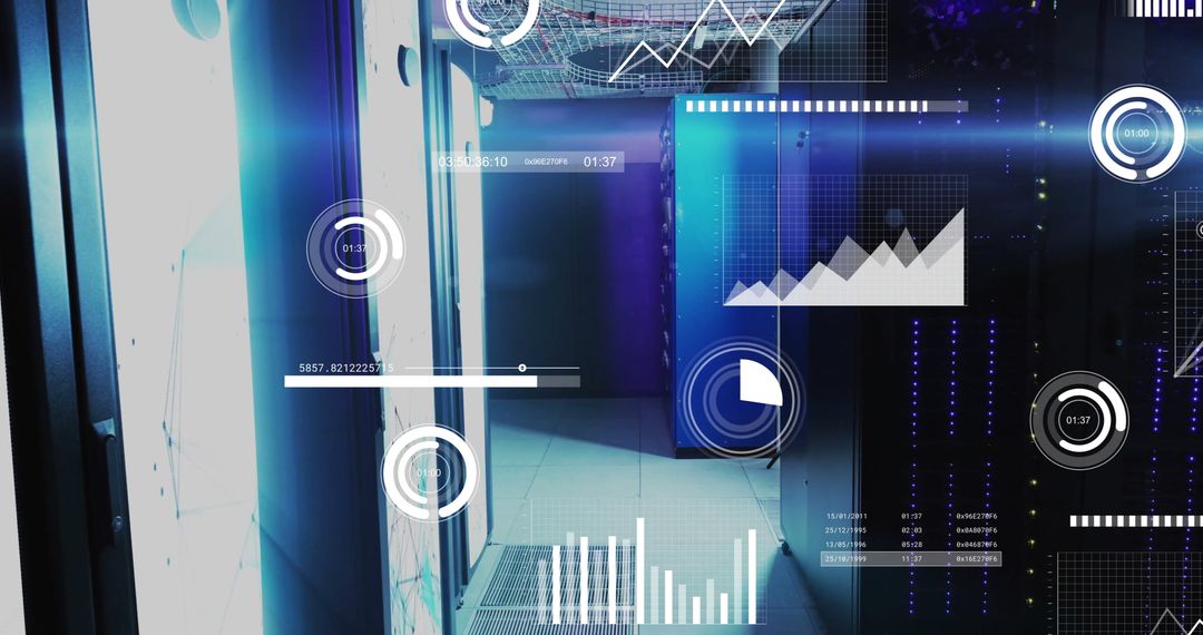 Futuristic Data Center with Automation Displays and Analytics Interfaces