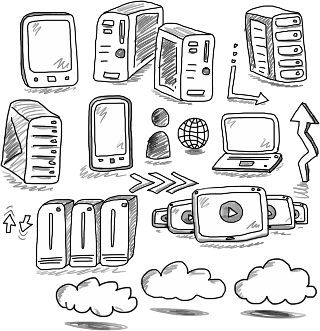 Hand-Drawn Electronics and Cloud Computing Elements on Transparent Background