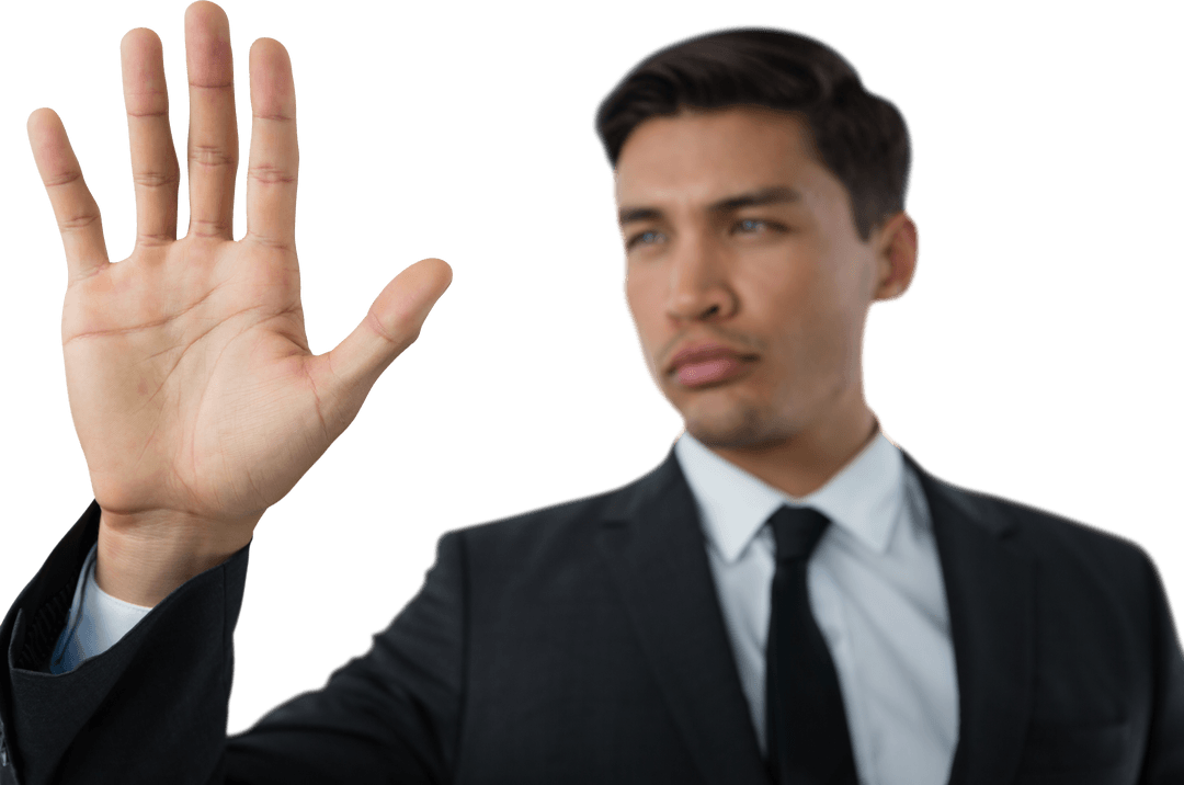 Transparent Businessman Engaging with Virtual Interface