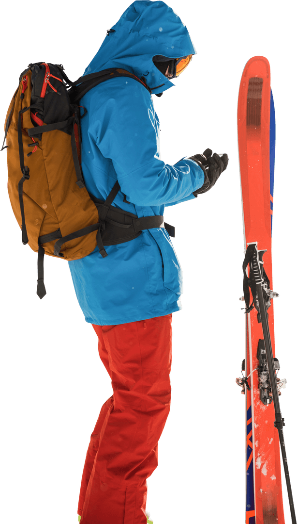 Side View of Skier with Transparent Background Checking Mobile