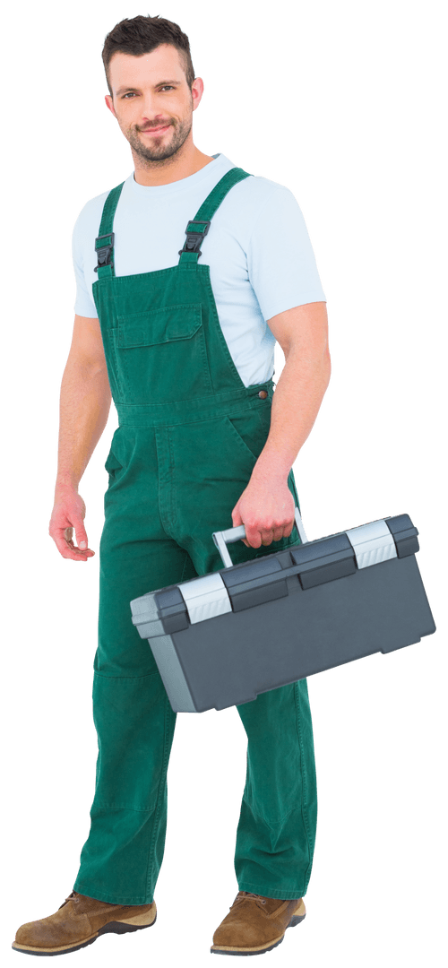 Caucasian Man in Work Outfit Holding Tool Box on Transparent Background