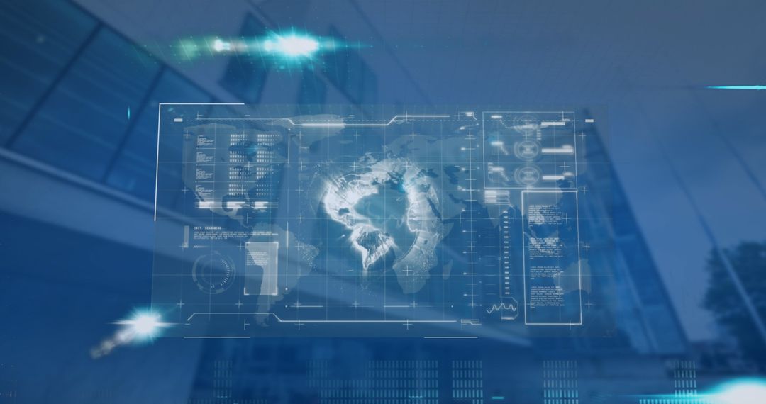 Futuristic Digital Interface with World Map in Technology Overlay