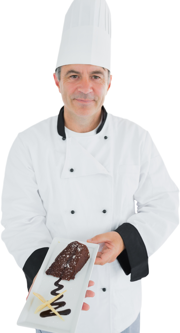 Smiling Chef Presenting Chocolate Cake on Transparent Background - Download Free Stock Images Pikwizard.com