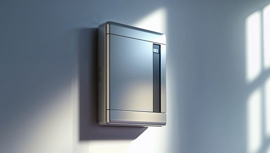 Futuristic Wall-Mounted Control Unit with Digital Display in Modern Hallway
