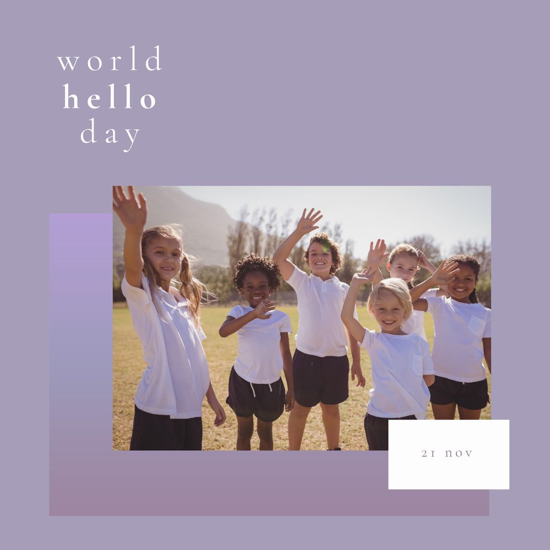 Smiling Children Celebrating World Hello Day Outdoors