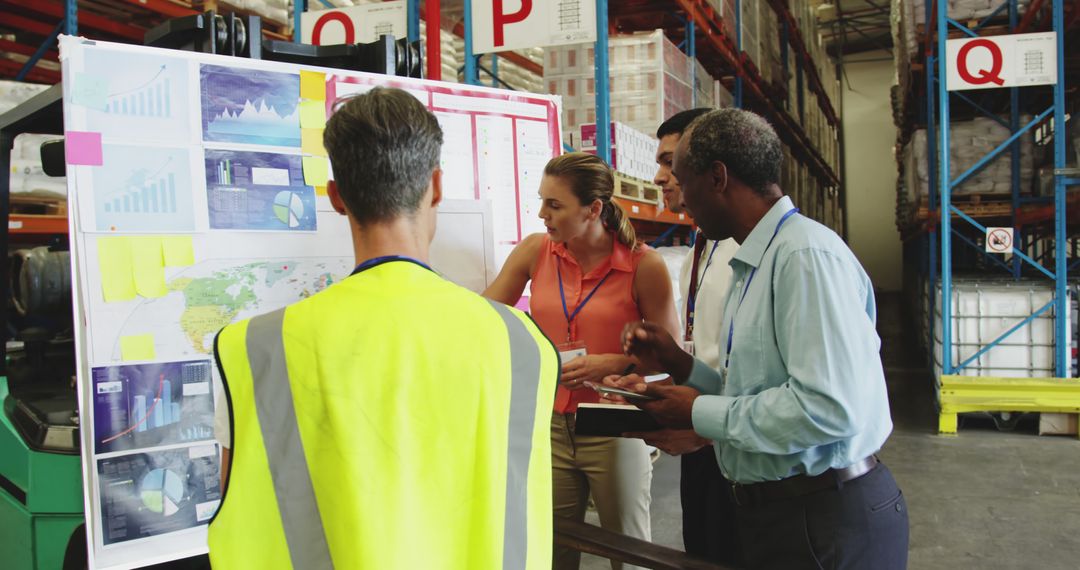 Team of Employees Analyzing Data on Whiteboard in Warehouse - Free Images, Stock Photos and Pictures on Pikwizard.com