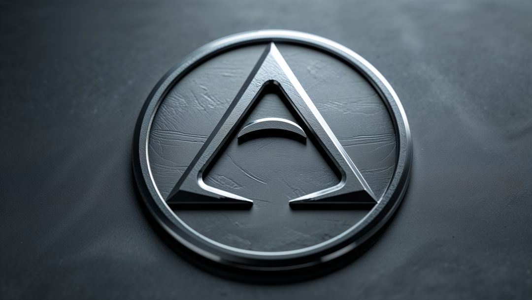 Minimalist Metallic Geometric Emblem on Dark Surface