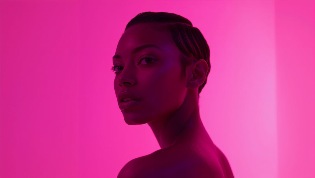 Glamorous Model in Vibrant Pink Lighting with Bare Shoulders