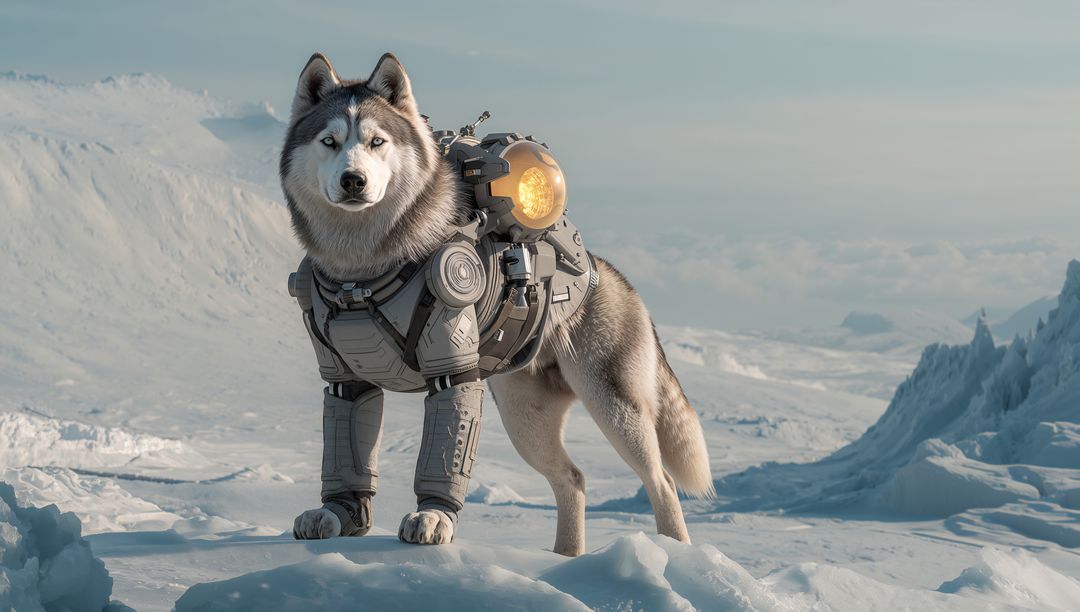 Standing Siberian husky wearing futuristic exosuit on icy ridge with glowing thruster