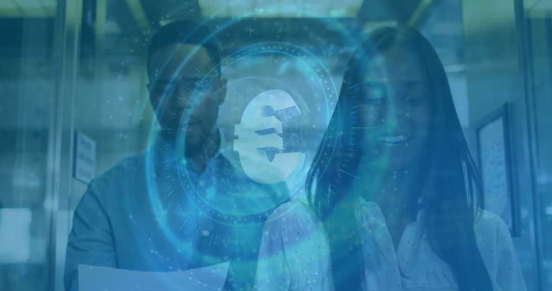 Coworkers Analyzing Documents with Digital Euro Hologram