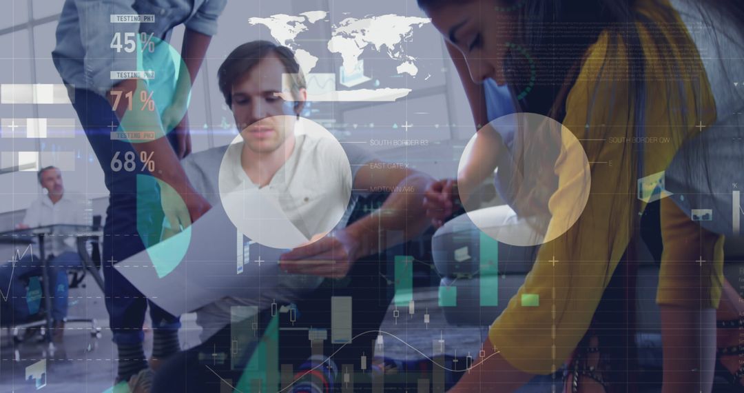 Team Collaborating with Digital Data Interfaces in Modern Office