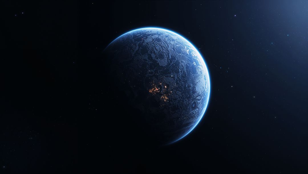 Icy Planet in Deep Space with Glowing Lights
