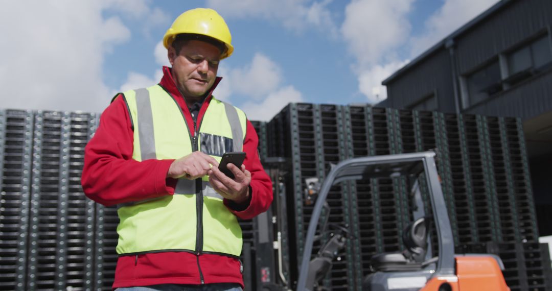 Warehouse Worker Checking Mobile Device Outdoors - Free Images, Stock Photos and Pictures on Pikwizard.com