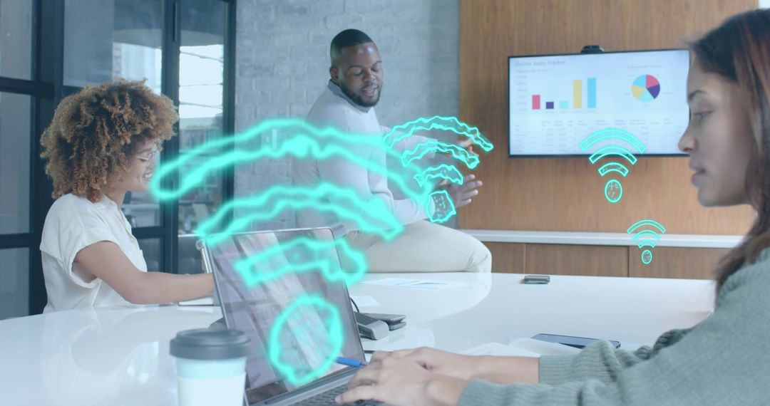 Modern Office Meeting with Digital Interface and Wi-Fi Symbols