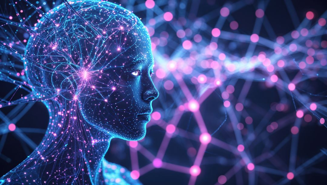 Futuristic Digital Humanoid with Pulsating Neural Network Nodes