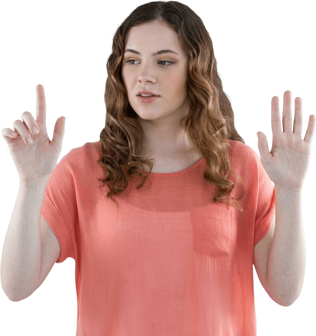 Transparent Young Woman in Peach Blouse Pointing Upward