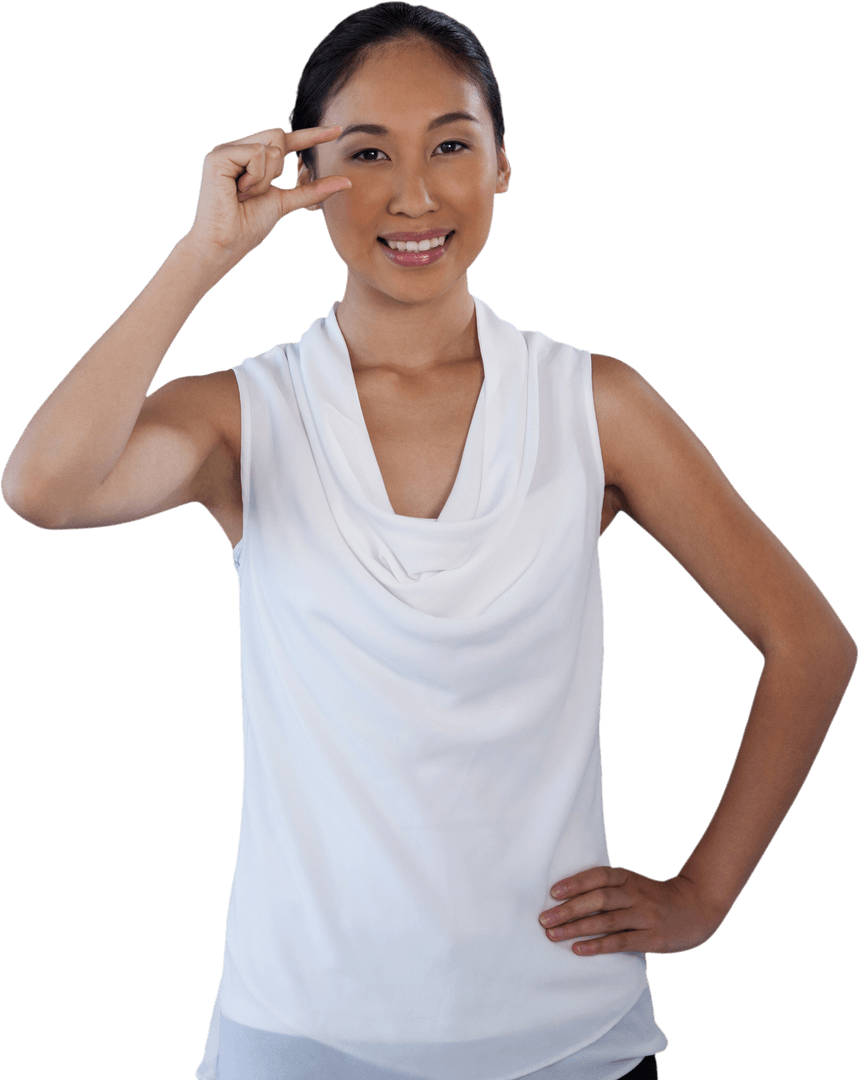 Smiling Woman in White Adjusting Transparent Imaginary Glasses