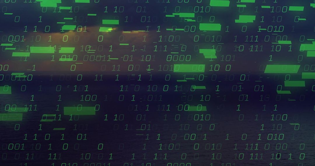 Futuristic Binary Code Over Ocean Horizon at Dusk